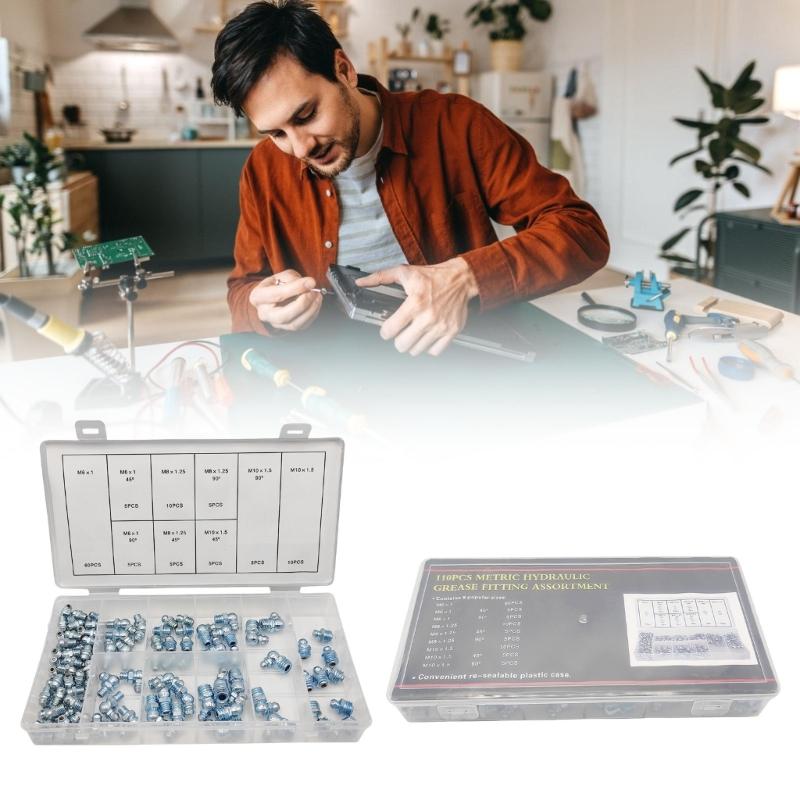 110Pcs Metric Grease Fittings Kit Hydraulic Grease Zerks Fittings Standard Straight 90 Degree 45 Degree Angled Grease