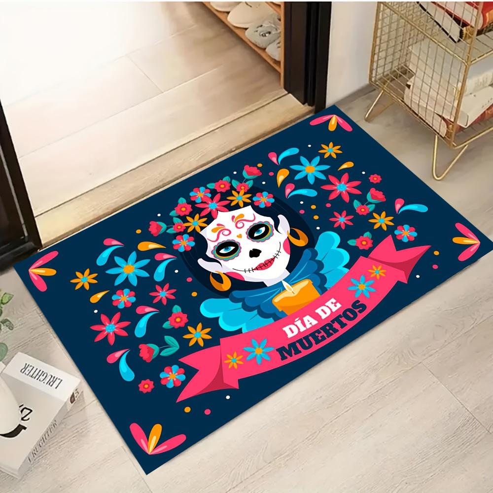 

Day of the Dead Door Mat – Vibrant Sugar Skull & Floral Design, Festive Mexican-Inspired Entryway Rug for Living Room, Party 40x60cm16x24in