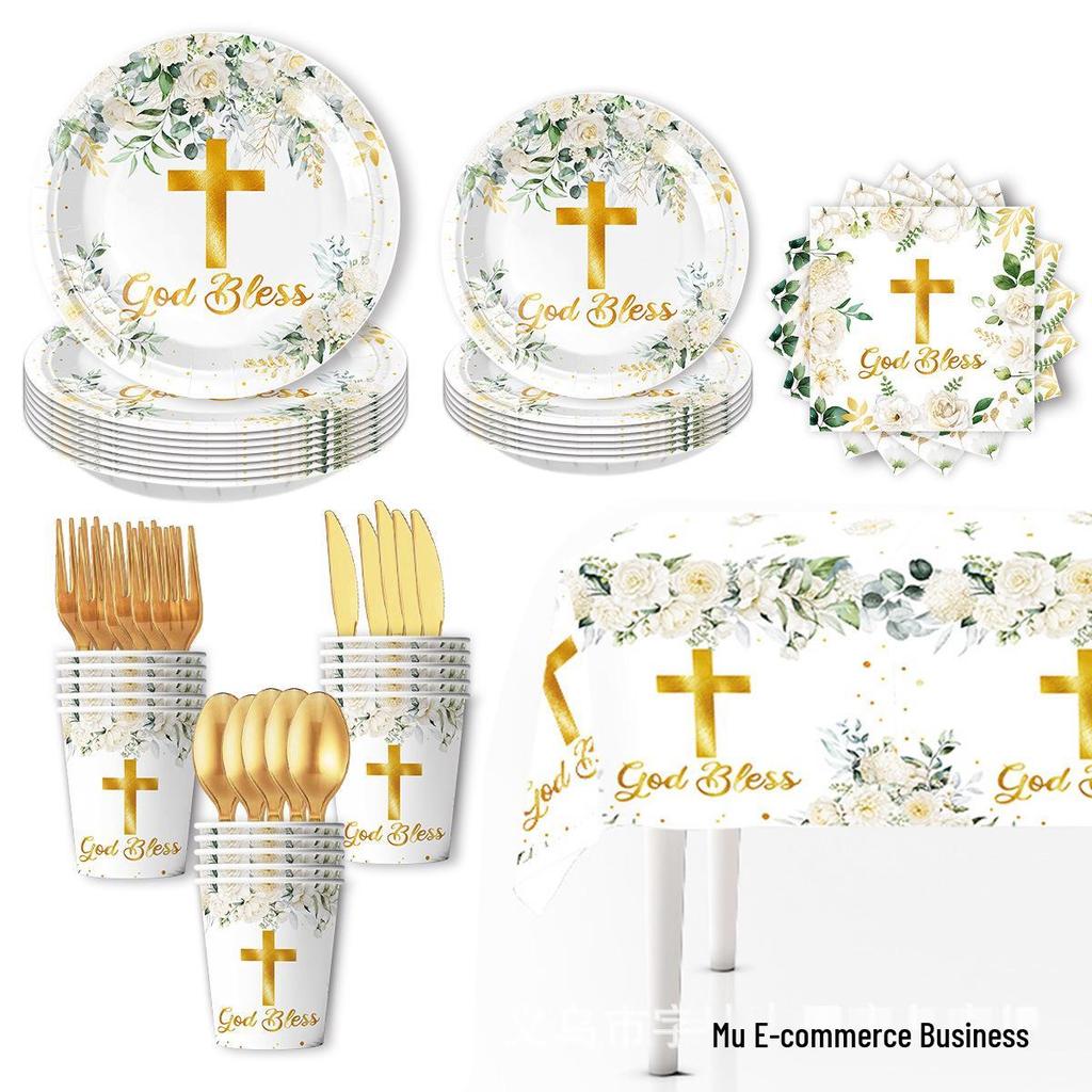 God Bless Newborn Baby Party Supplies: White Cross Paper Plates, Cups & Cutlery