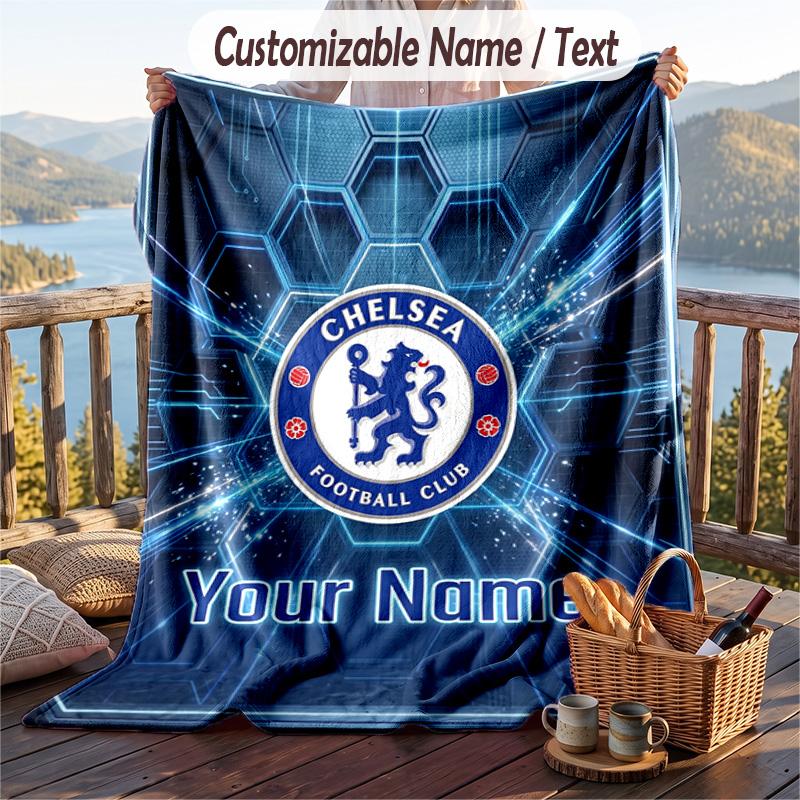 Flannel Blanket Chelsea FC Print Custom Name Text Soft Throw for Sofa Bed