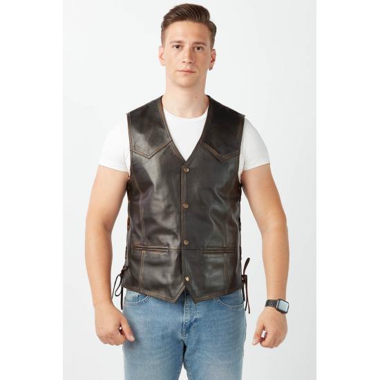 

Мужской жилет из натуральной кожи в байкерском стиле, винтажный жилет стандартной посадки