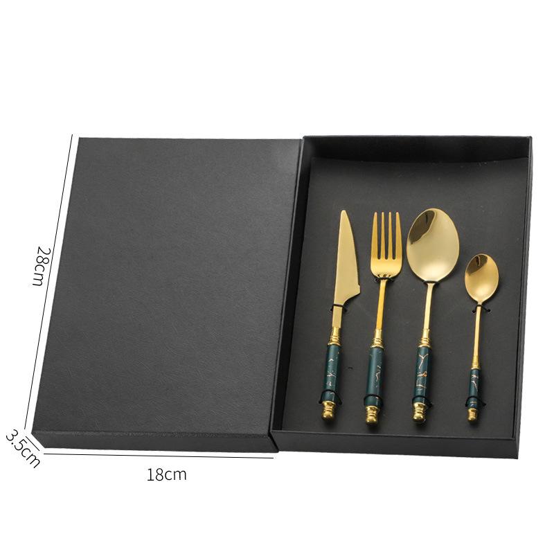 Edelstahl 4/5-teiliges Set Gestell Keramik Marmormuster Griff Griff Messer Gabel Löffel Geschenkbox Set Westliches Essen Nordischer Stil