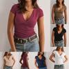 Women's V Neck Short Sleeve T Shirt Slim Fit Elegant Y2K Solid Color Wrap Ruched Casual Spring Summer Basic Top