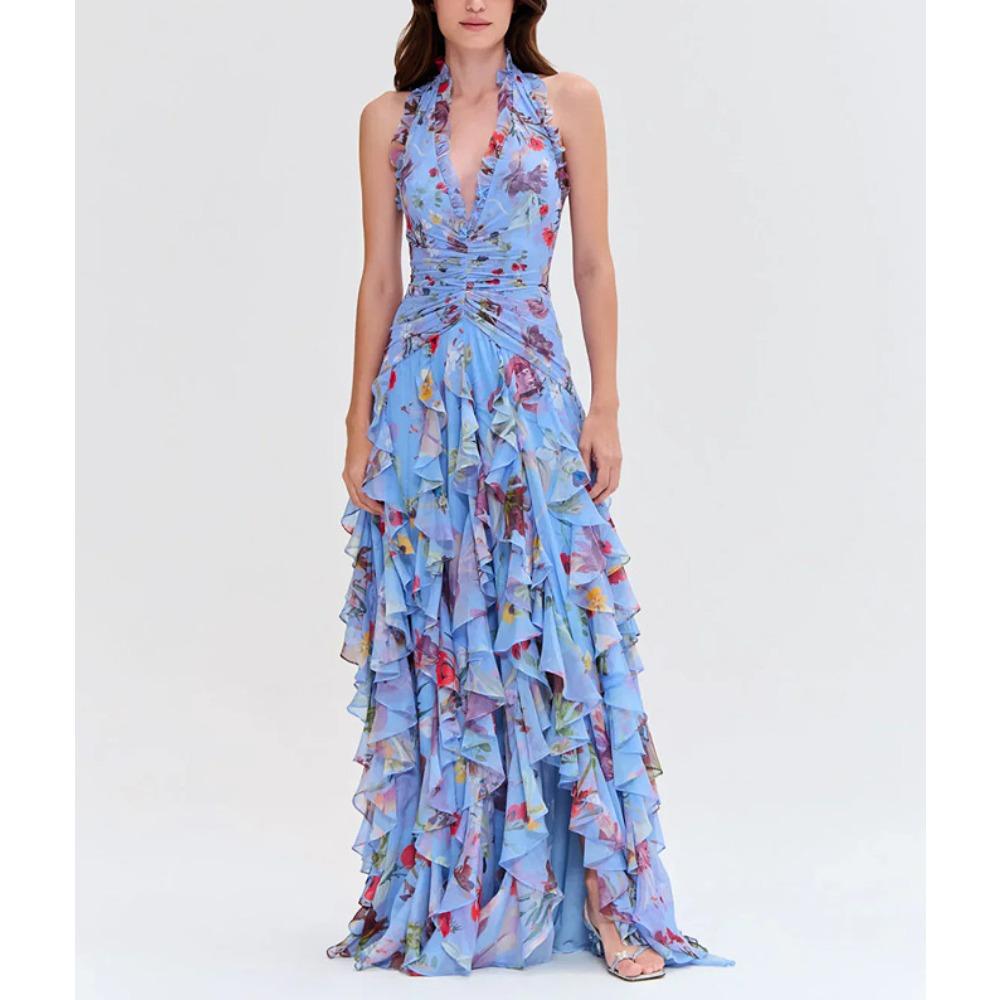 

European and American French Women s Clothing Sweet Printed Long Dress Cake Dress Strap Multi-layer Dress Evening Dress S синий