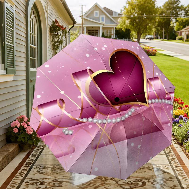 1pc Heart Pearls Automatic Folding Umbrella, Heavy Duty 8 Rib Iron Frame,  Suitable for Travel, Daily Use, Birthday, Decor Gift m0104053