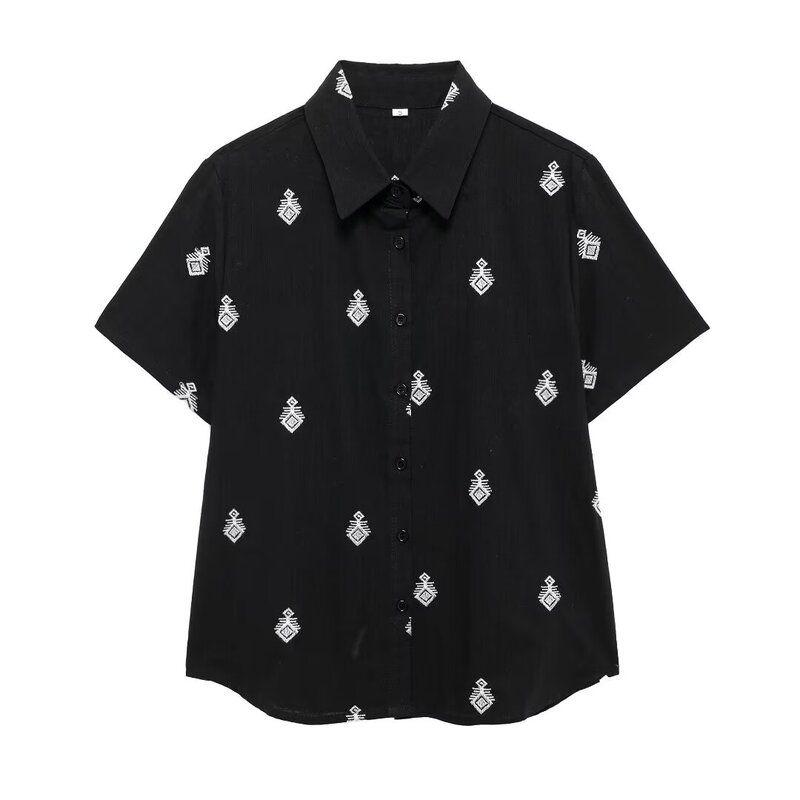 

Fashion Style 2024 Autumn New Women s Clothing Contrast Color Embroider Short Sleeve Lapel Shirt Loose Pants 2731248 Black Shirt S