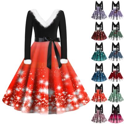 Women's Fashion V-Neck Casual Slim Christmas Printed Long Sleeve Woolen Dresses