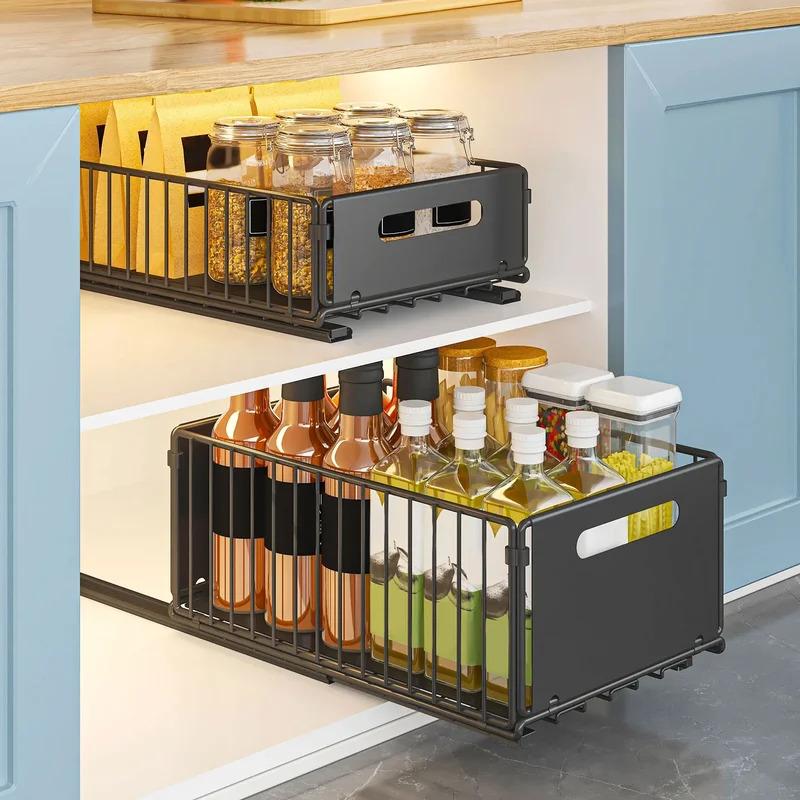 Pull-out cabinet organizer, sliding metal storage basket for kitchen, fits various room cabinets, home organization accessory