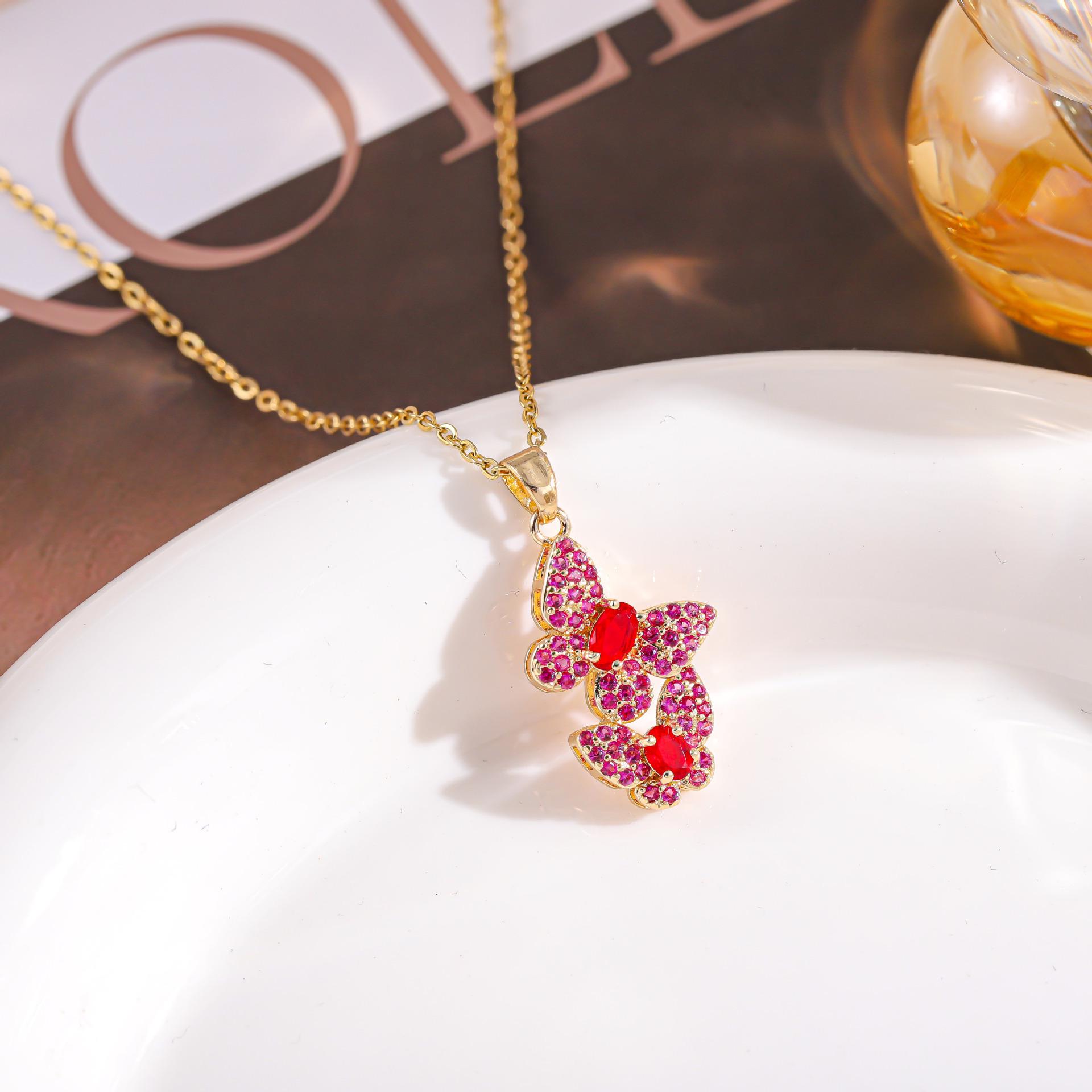 European & American High-End Colorful Rhinestone Double Butterfly Necklace - Light Luxury Clavicle Chain Jewelry красный