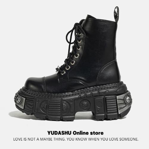 

Autumn and Winter Dark Punk Metal Lace-up Women s British Style Raise the Bottom Zipper Machine Car Boots 34 чорний