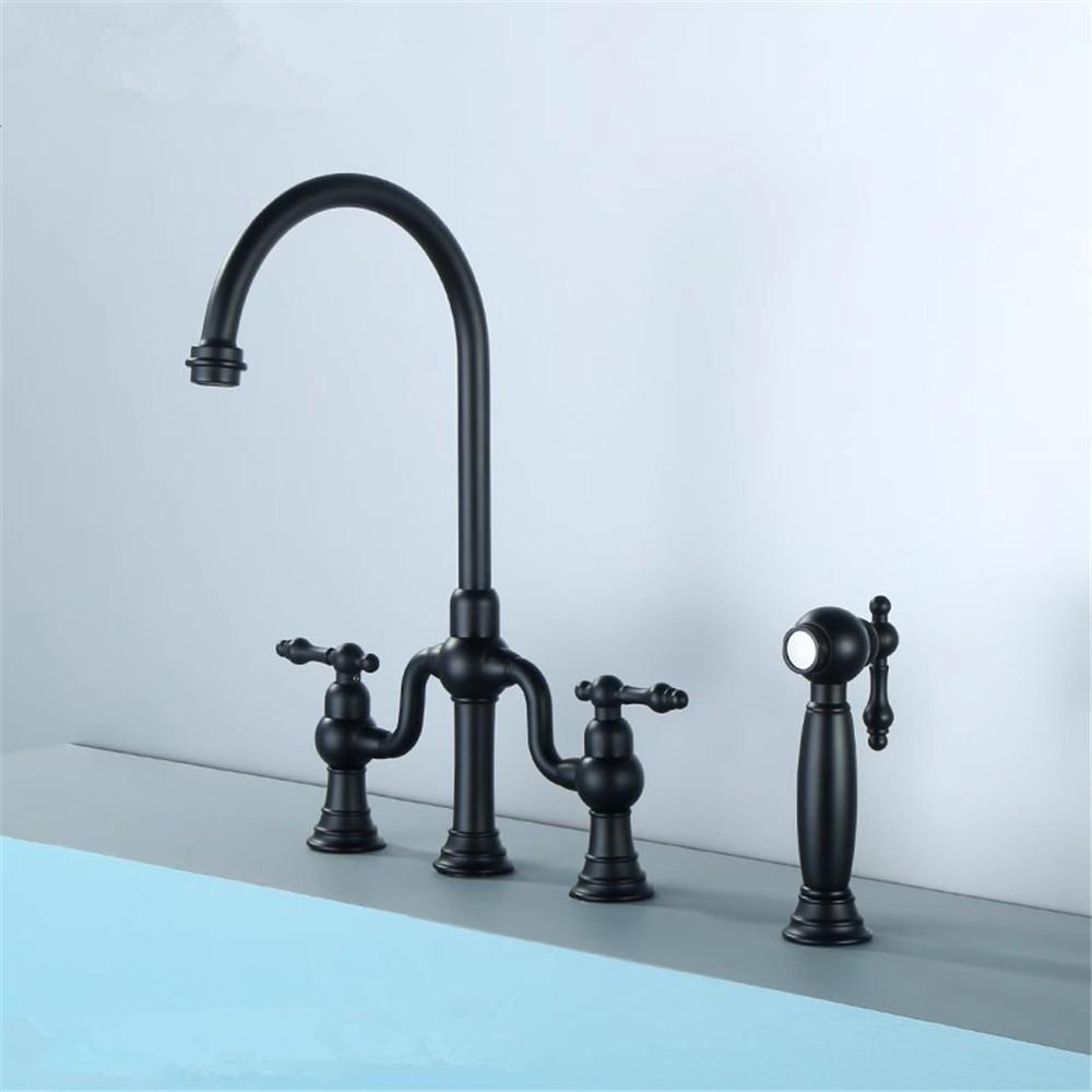 Tuqiu Brushed Gold Kitchen Faucet with Hand shower Head Black Pot Filler Tap Deck Mounted Hot Cold Black Sink Tap Spout Brass
