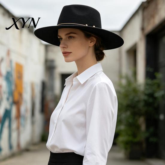 Classic Wide Brim Hat Retro Flat Top Hat, Wool Felt Pork Pie Bowler with Travel Vacation Fashion Metal Ring, Trilby for Women Men Autumn Winter Casual