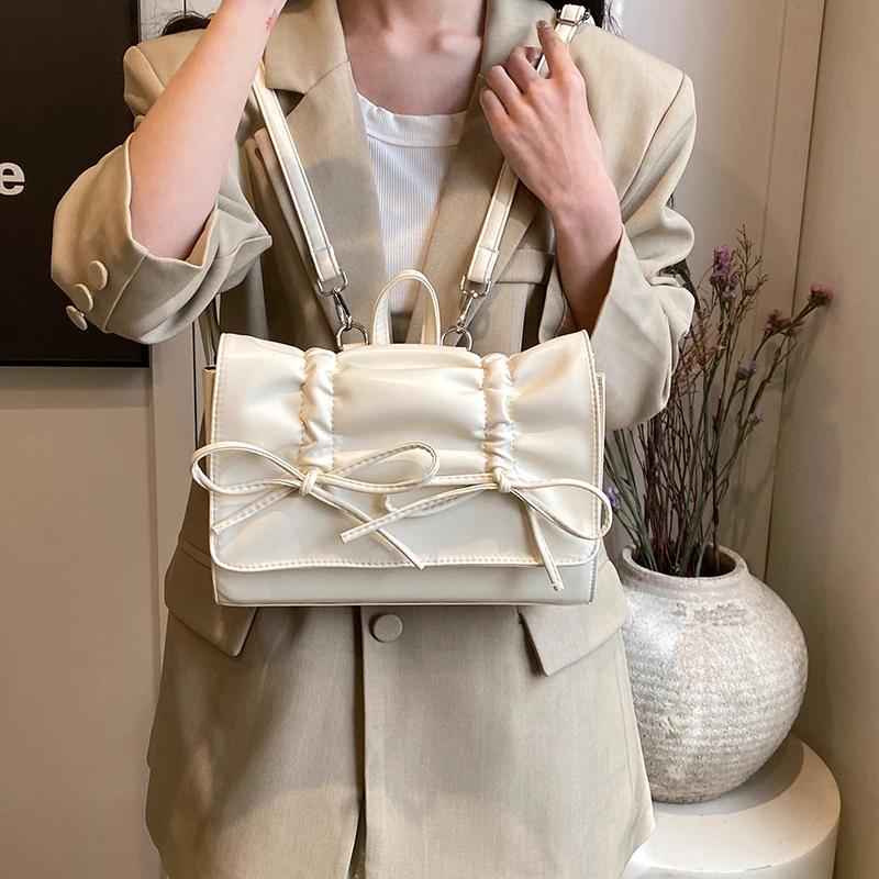 Bow Design PU Ladies Fashion Backpacks Sewing Thread Pleats Bags for Women  New Fashion Zipper