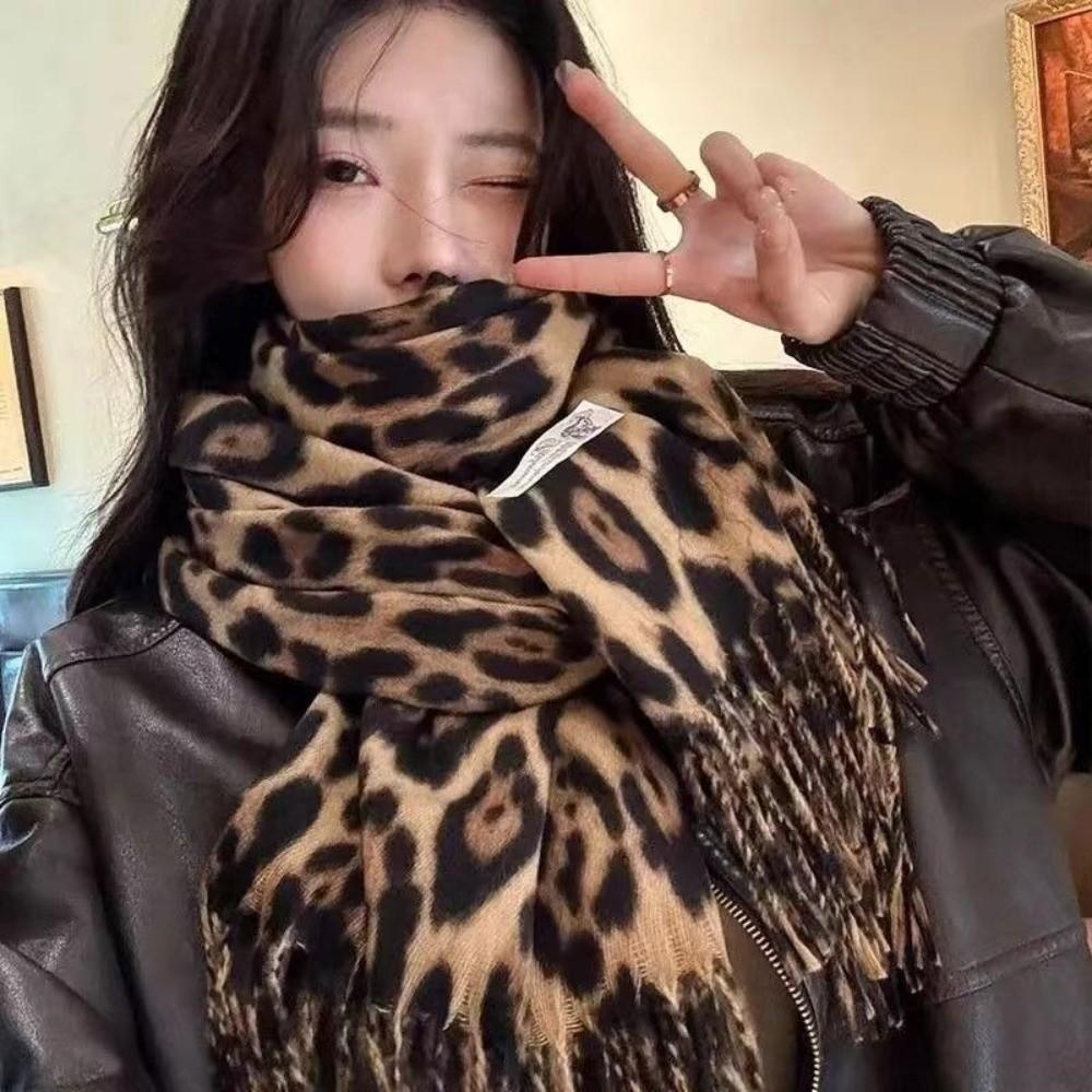 Windproof Leopard Scarf Thickened Winter Scarf Vintage Style Cashmere Scarf Women