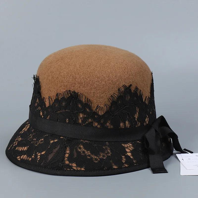 Französische Mode-Socialite Spitze Wolle Zylinder Hut Dame Herbst Winter elegant retro milchweiß Dame warm Fischerhut