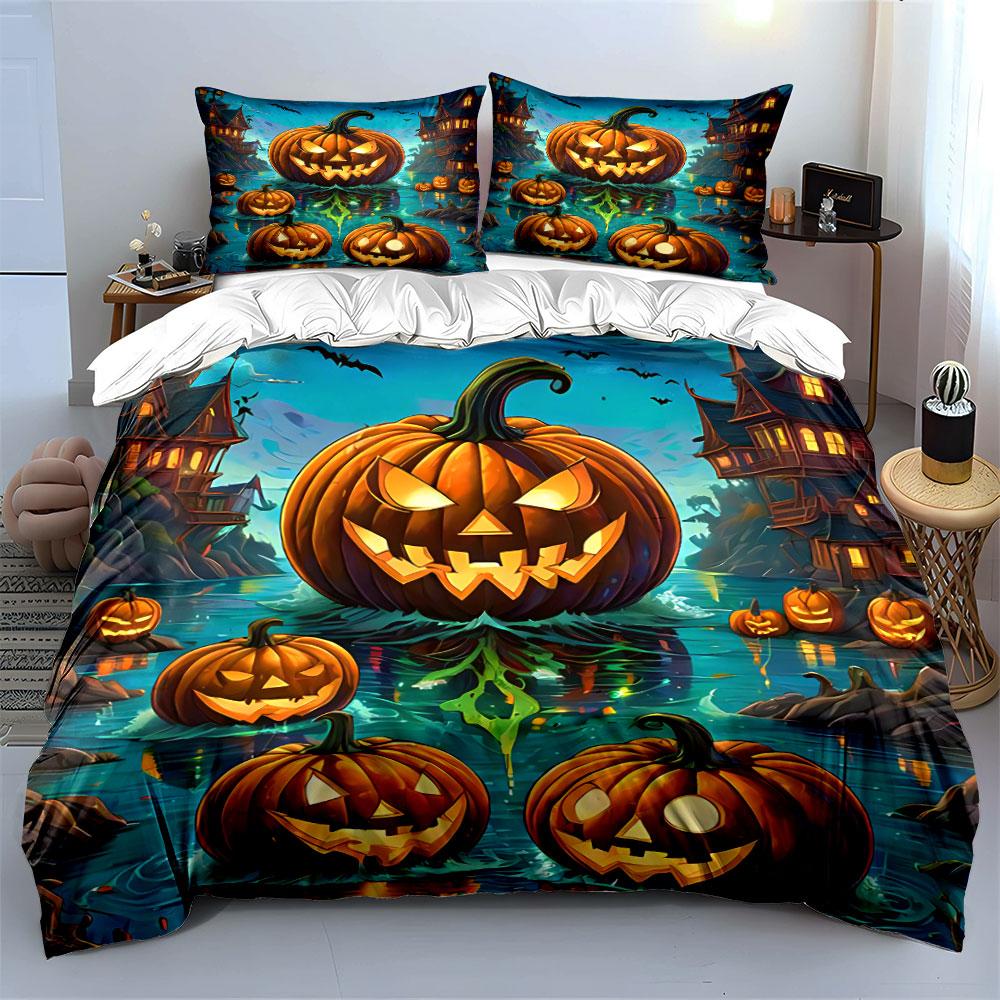 Geister Kürbis Halloween Szene Bettwäsche Bettbezug Set Bettbezug Kissenbezüge (1*Bettbezug 2*Kissenbezüge, ohne Bettdecke)