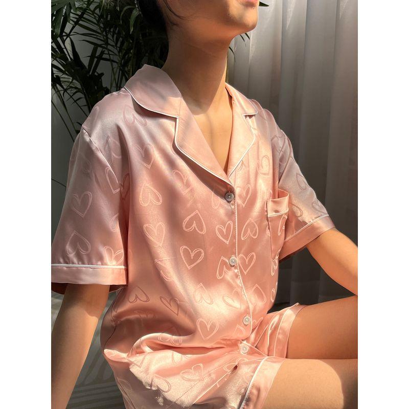 Velia Artificial Silk Silks and Satins Pajamas Women's Suit Heart Short Sleeve Shorts Summer Thin Ice Silk Home Wear Secret