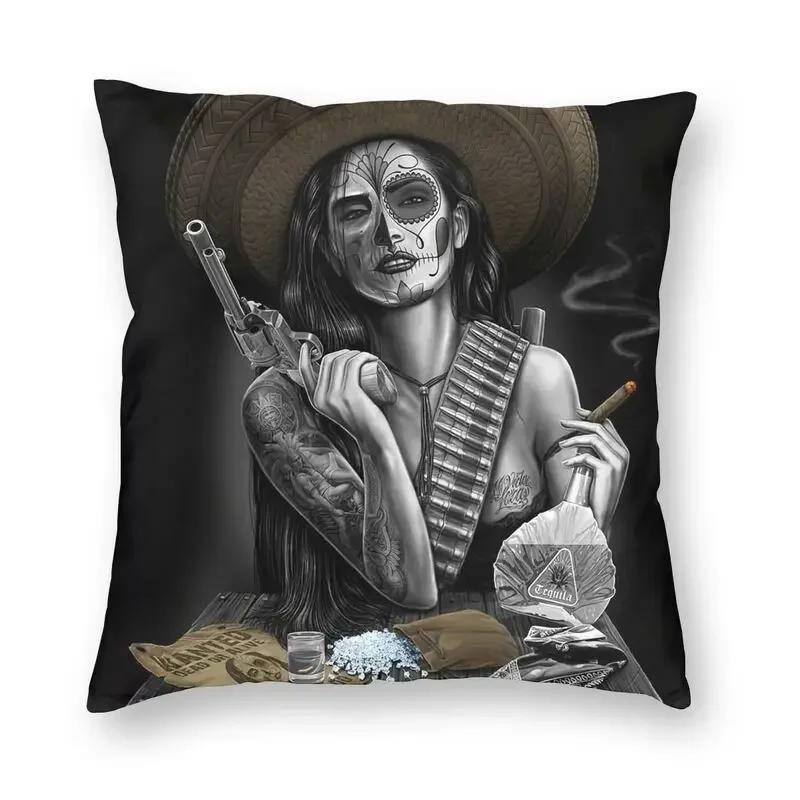 Halloween Zuckerschädel Mädchen Kissenbezug Sofa Heim Dekoration Mexikanisch Chicano Stil Quadratischer Wurfkissenbezug 40x40cm