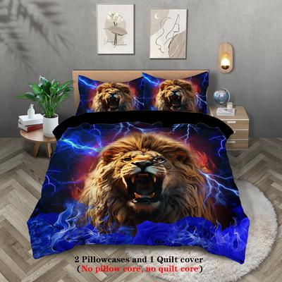 3-teiliges Set, Bettwäscheset mit Blitz-Löwenmusterdruck, Queen, King, Doppelbett, Party, lustiges und kreatives Bettwäscheset