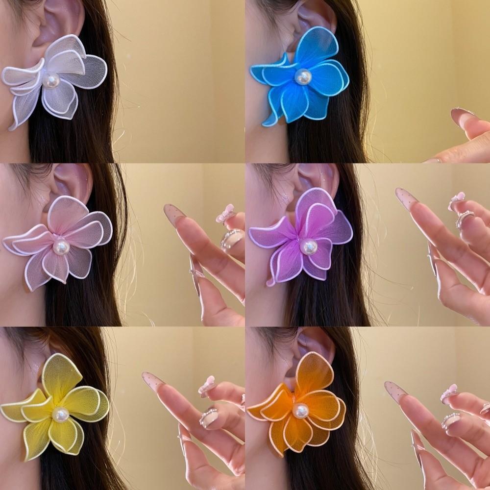 Big Floral Women Floral Ear Studs Pearl Ladies Stud Earrings Iron Mesh Flower Earrings Vacation