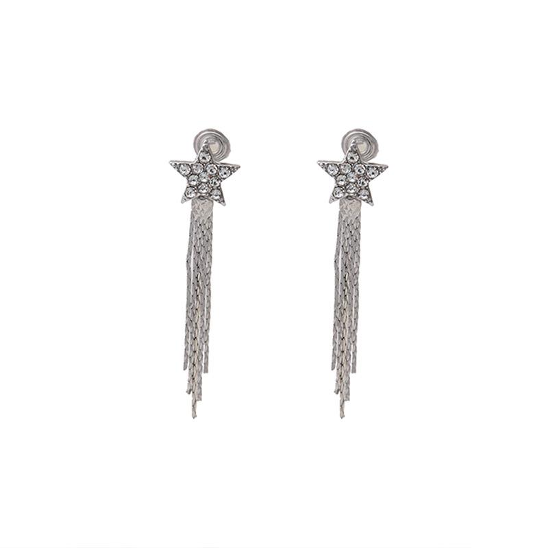 Exquisite Light Luxury Diamond-Encrusted Five-Pointed Star Mosquito Coil Disc Ear Clips, High-End Long Tassel Earrings For Women Without Ear Piercings