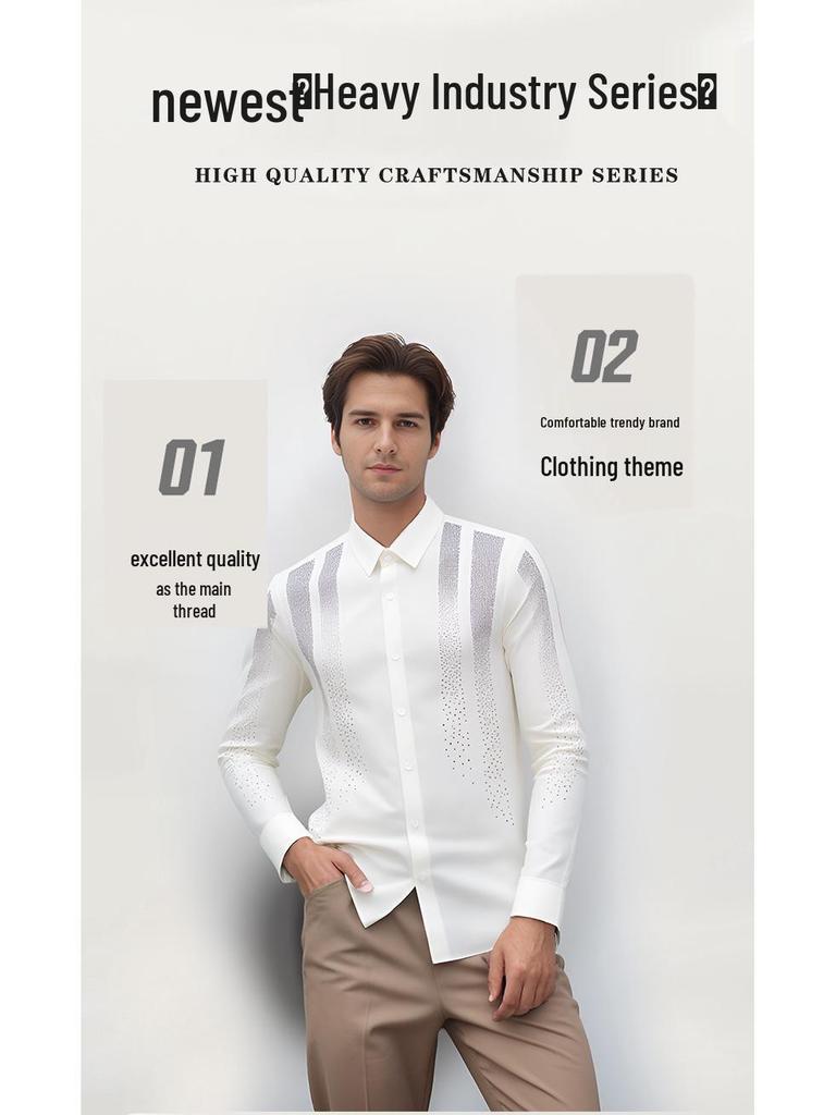 Camicia da uomo di lusso con strass, senza stiro, a maniche lunghe