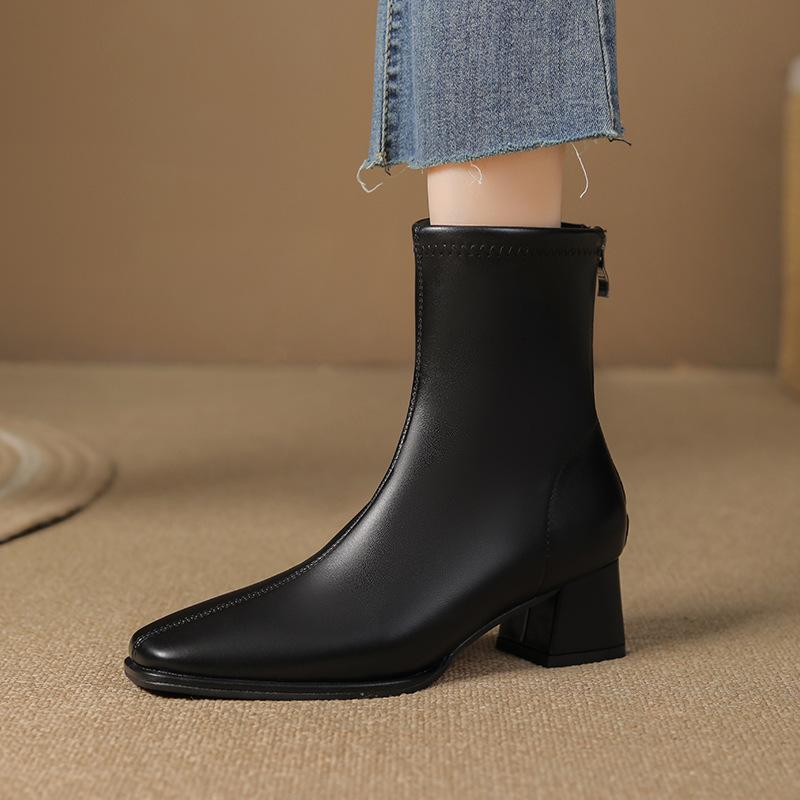 thick heel square head thin boots women's medium tube fashion simple temperament rear zipper autumn and winter new French soft leather Martin boots