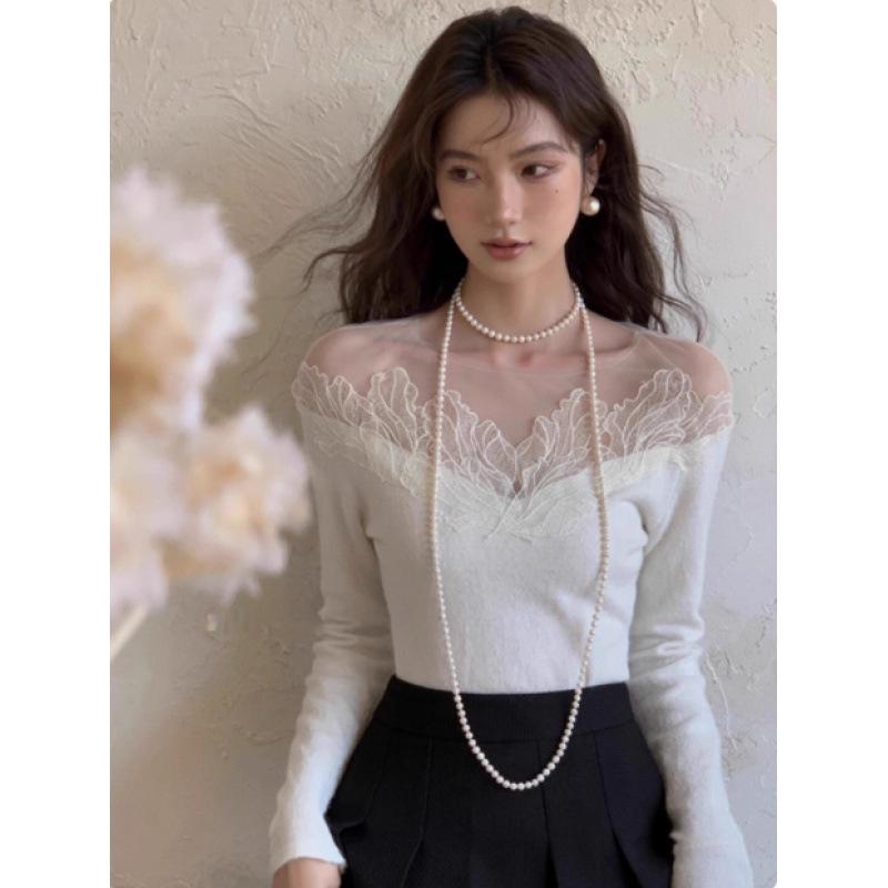 

Изысканный женский свитер-топ на одно плечо из французского сетчатого кружева - Осень/Зима M белый