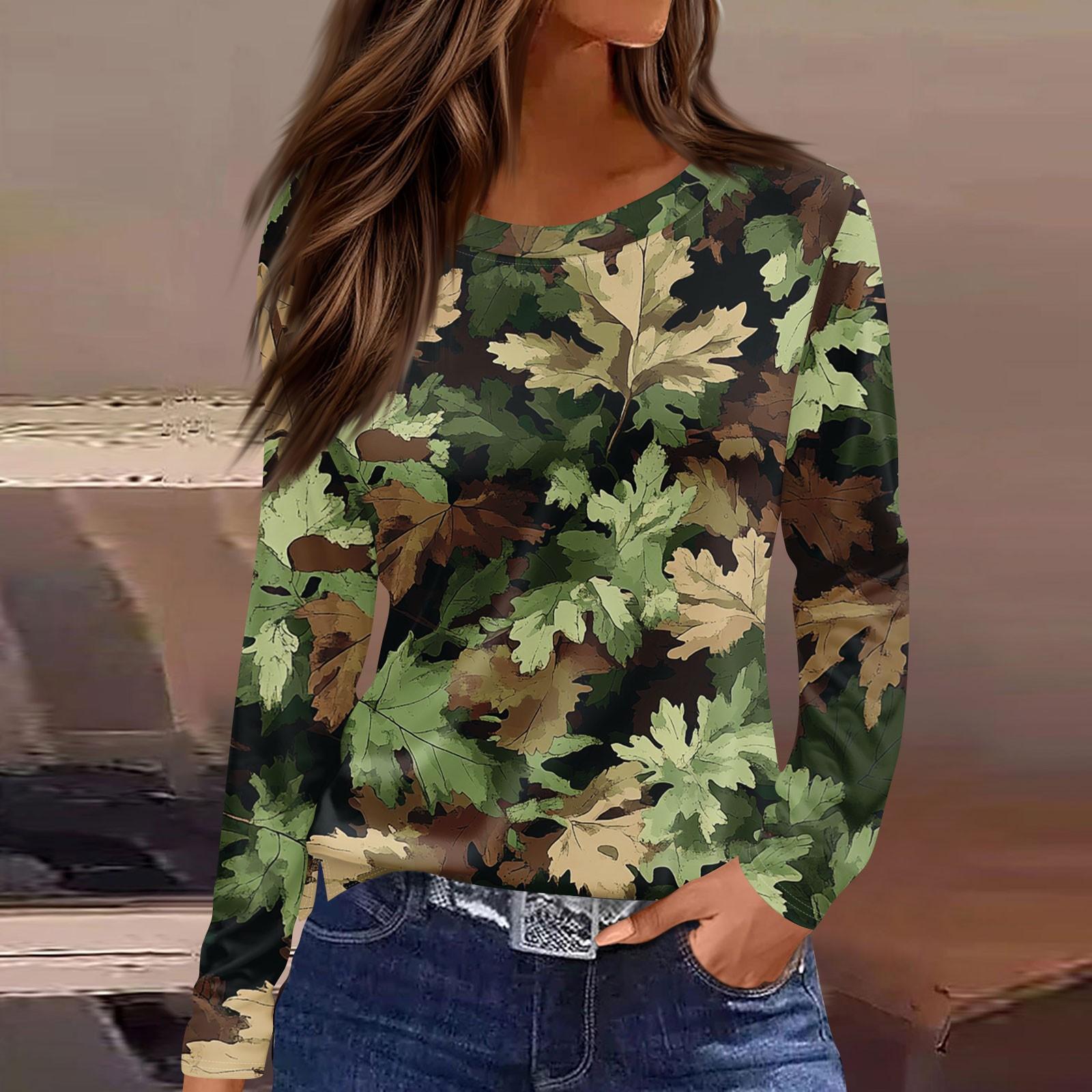 

Жіночий модний повсякденний топ з довгими рукавами з принтом «Мертвого листя» і круглим вирізом S зелений