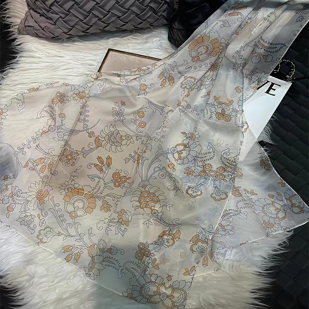 [BYSIFA] Female Spring White Chiffon Silk Scarves New Floral Design Long 100% Silk Scarf Shawl Autumn Winter Women Neck Scarf