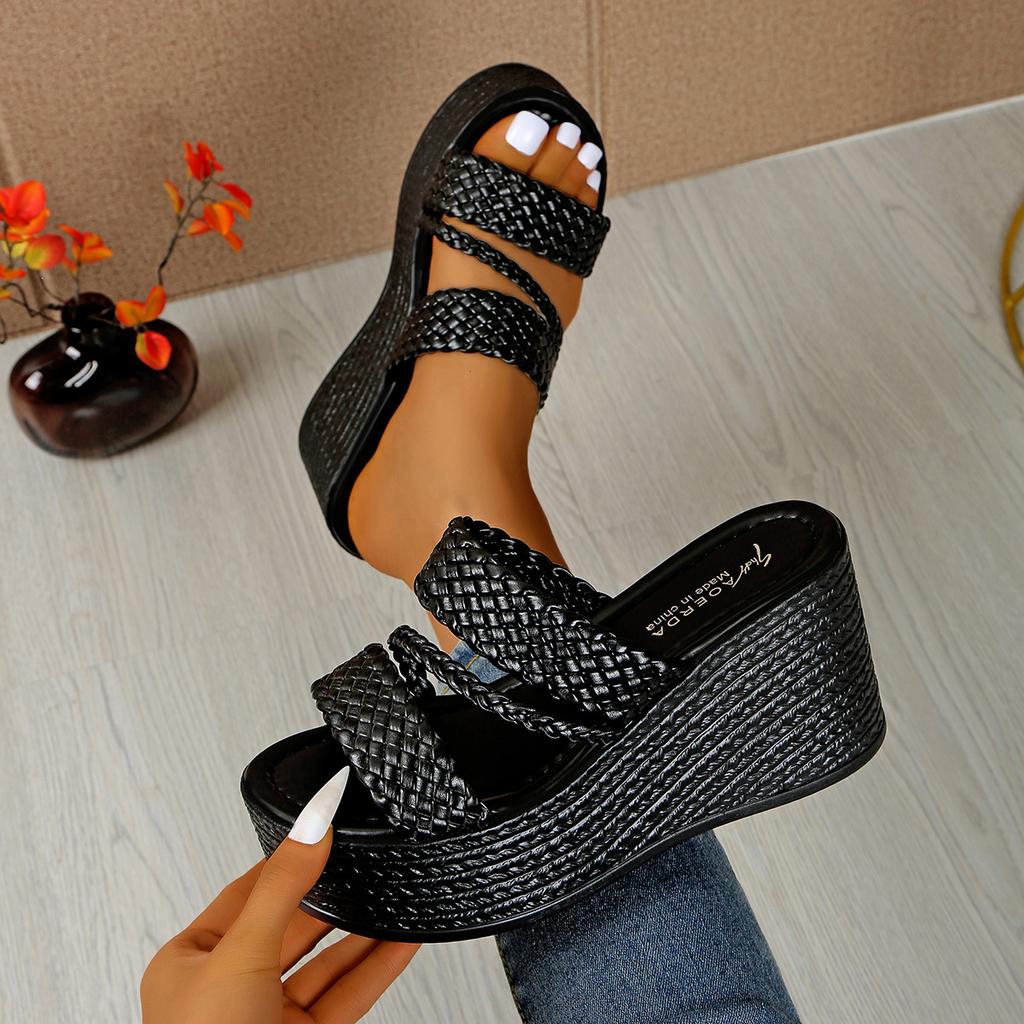 Fashion Popular Gold Braided Wedge Slides | Chunky Heel, Ideal for Casual & Beach Outfits