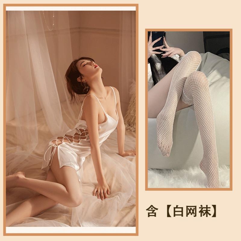 Dusk sexy underwear silky sexy pajamas women's side split-ended lace-up nightdress hot uniform home suit