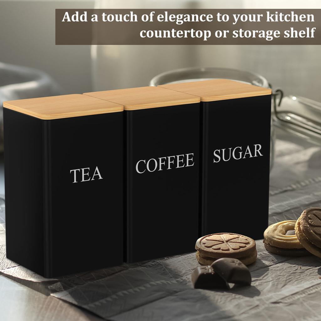 3Pcs Coffee Bean Storage With Bamboo Lid Style Metal Coffee Tea Sugar Container Tea Can Kitchen Storage Jar Kitchen Supplies New