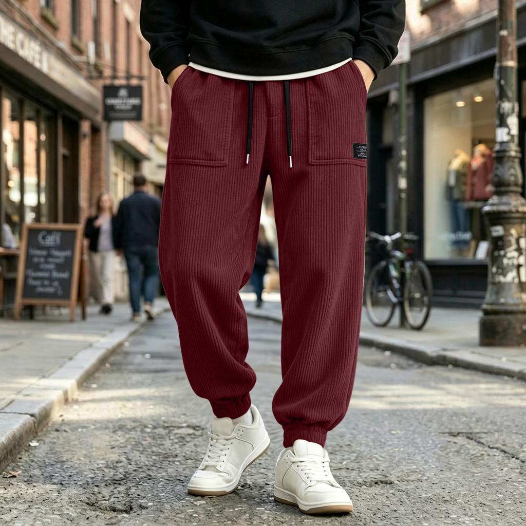 Men's Casual Loose Fit Corduroy Jogger Pants with Elastic Waist