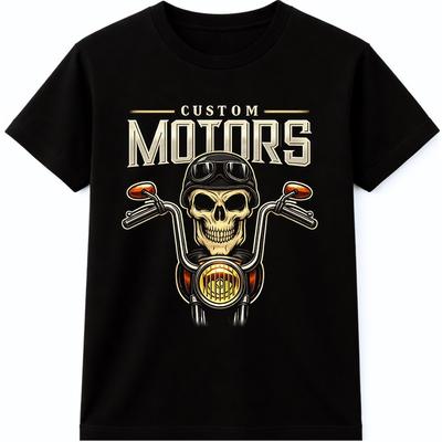 Custom Motors T Shirt Skull Biker Garage Mechanic Motorcycle Graphic Tee