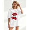 Black Oversized T Shirt With Red Lips And Cherries Print For Casual Wear