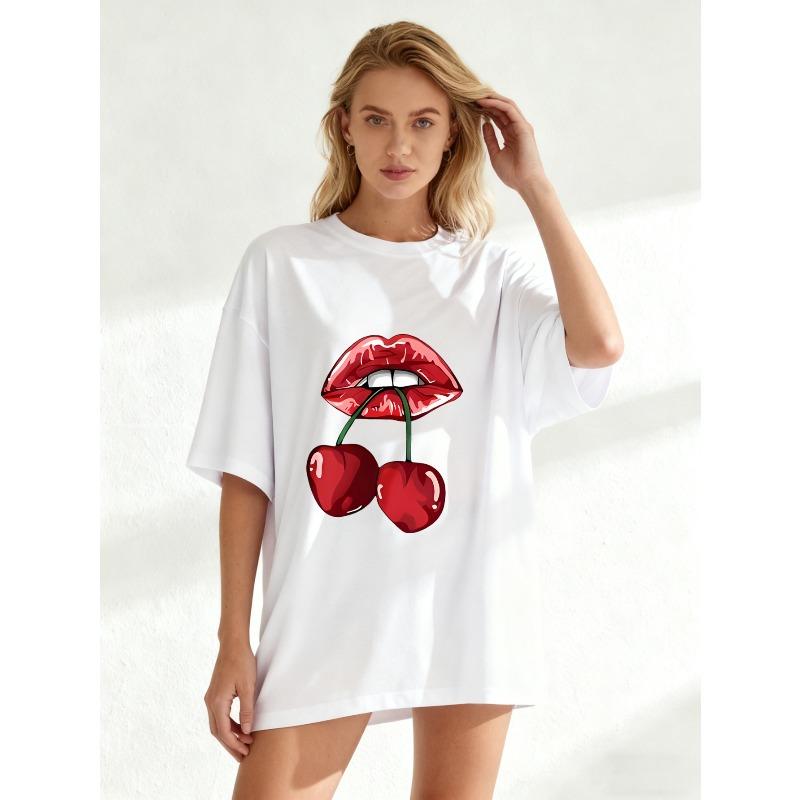 Black Oversized T Shirt With Red Lips And Cherries Print For Casual Wear