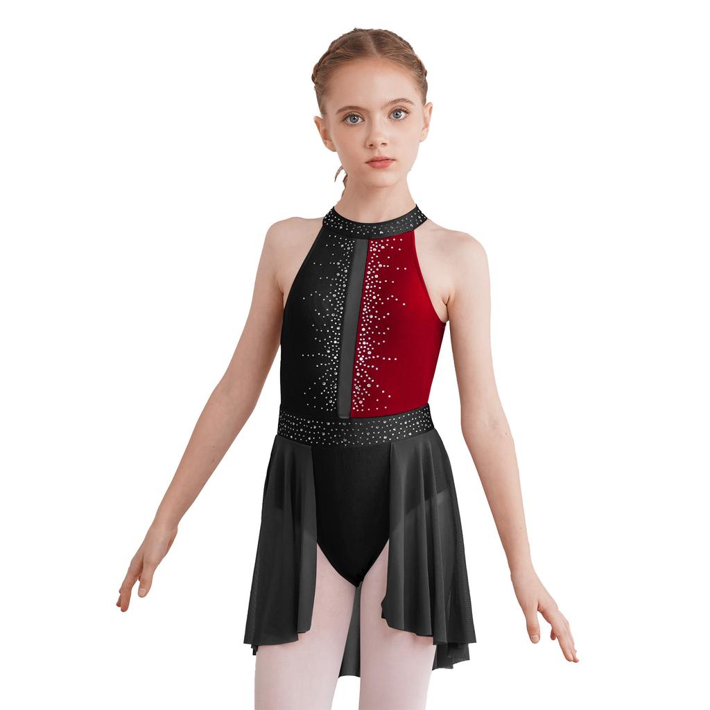 Kids Girls Sleeveless Shiny Rhinestone Decor Backless Leotard Dress for Lyrical Contemporary Dance