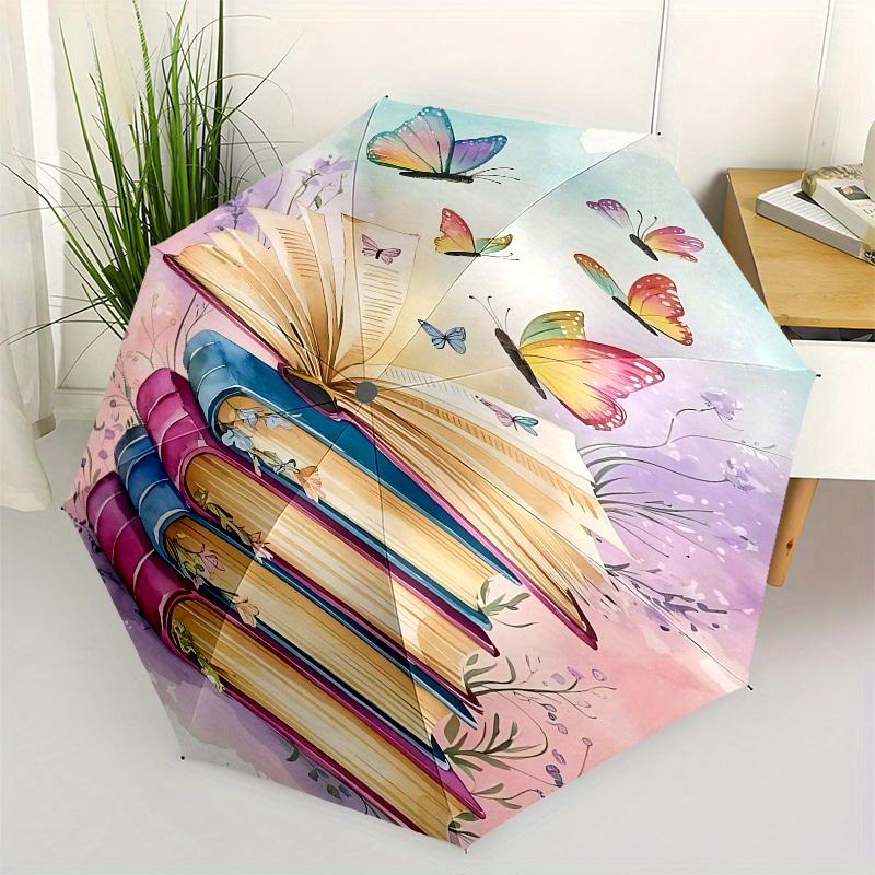 

Book Stack, Butterflies Automatic Opening and Closing Umbrella, Compact Travel Umbrella, Lightweight and Portable, Suitable for Beach Commut
