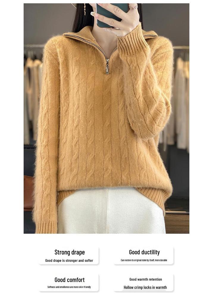 Women's Autumn/Winter High-Neck Wool Cable Knit Cashmere Sweater, Slimming Loose Fit, Soft Half-Zip Pullover