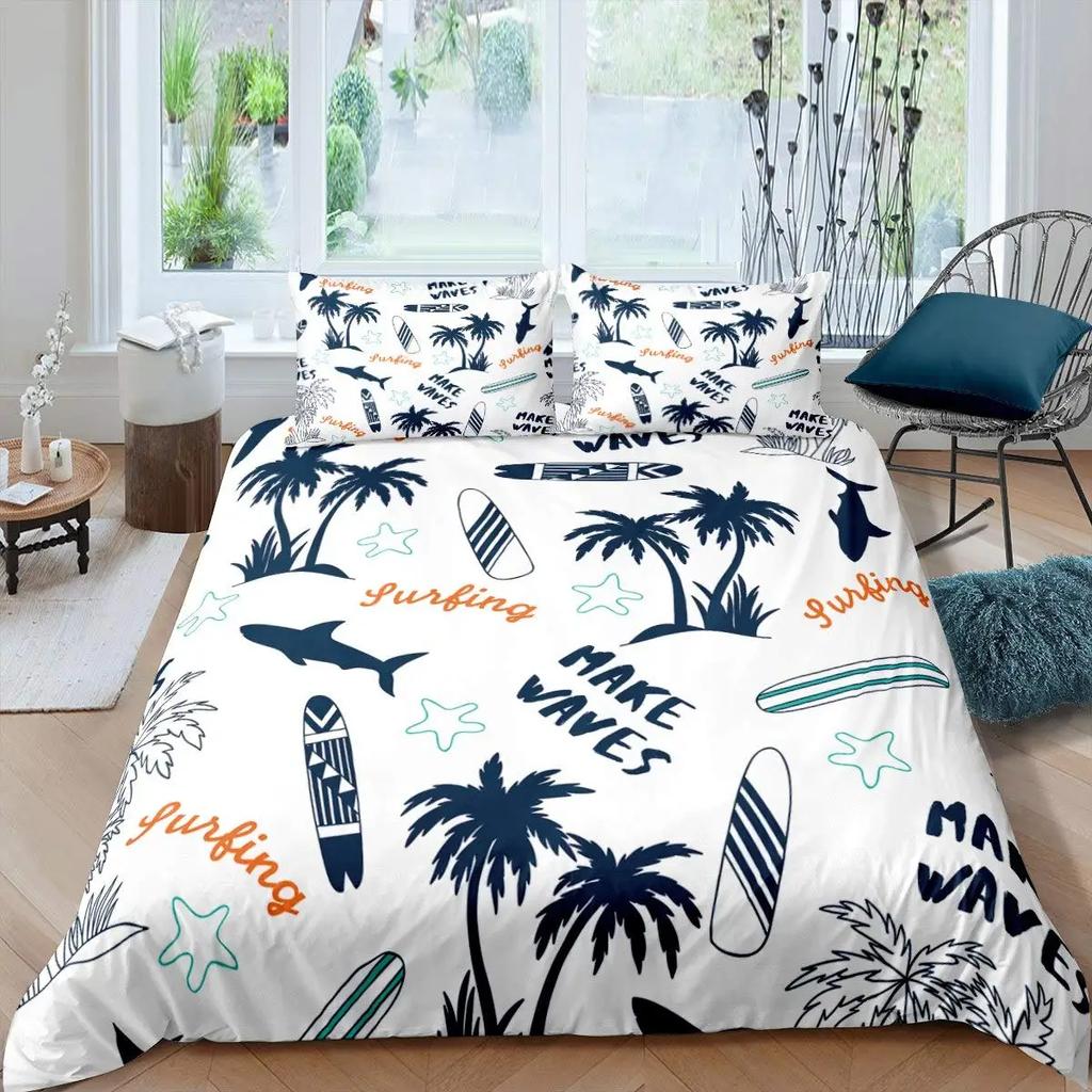 Surf Duvet Cover Set Retro Posters Group Summer Vacation Theme Water Sports California Beach Surfboard Wood Board Bedding Sets