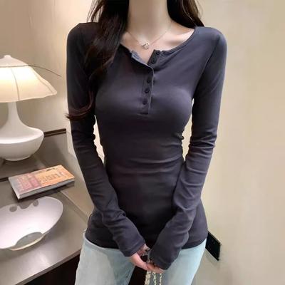 T-shirt à manches longues et col semi-ouvert pour femme, coupe slim, style nouveau et incurvé
