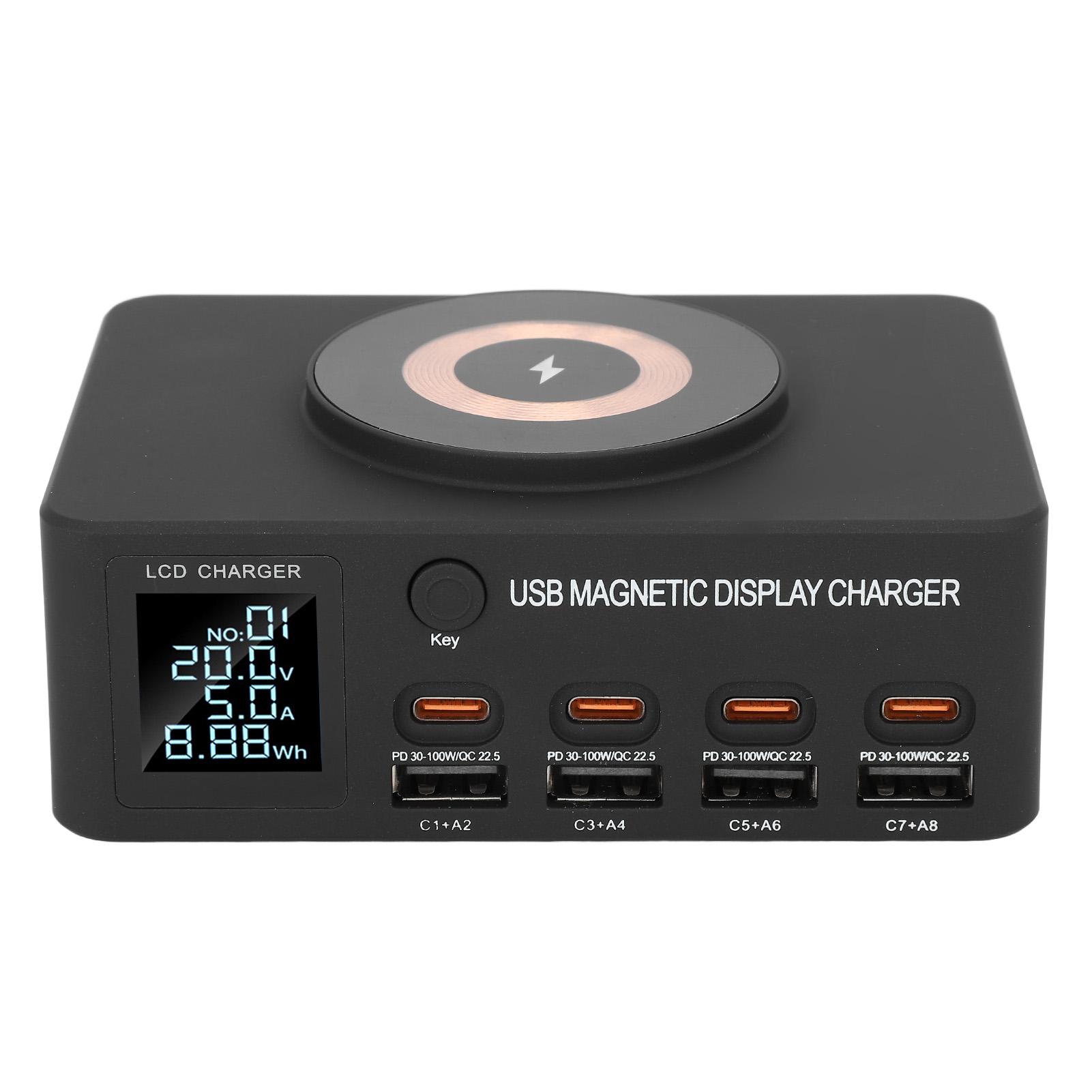 

140 Вт 8-портовая USB-зарядная станция Магнитное беспроводное зарядное устройство PD 100 Вт QC 3.0 порт ЖК-дисплей для US Plug