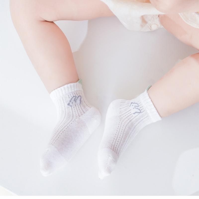1 Pair Breathable Mesh School Socks for Girls Elastic Cartoon Pattern Hosiery Soft Fabric Solid Color Ankle Socks