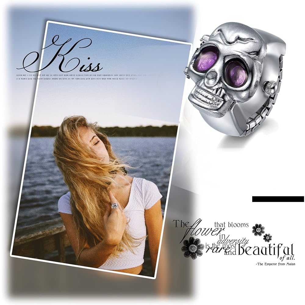 Lancardo Skull Ring Watch Free Size Analog Accessory for Men and Women with Cover Silver Purple