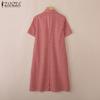 ZANZEA Women Turn Down Collar Casual Short Sleeve Grid Print Dress