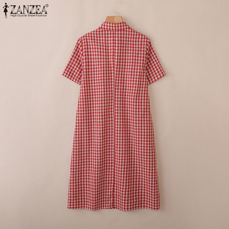 ZANZEA Women Turn Down Collar Casual Short Sleeve Grid Print Dress