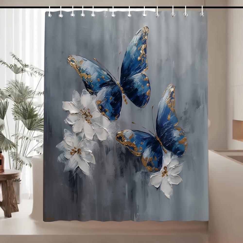 Minimalist Butterfly Curtain - Boho Style, Blue & Grey Flowers, Waterproof, 70In, Hooks Included, Washable Bath Decor