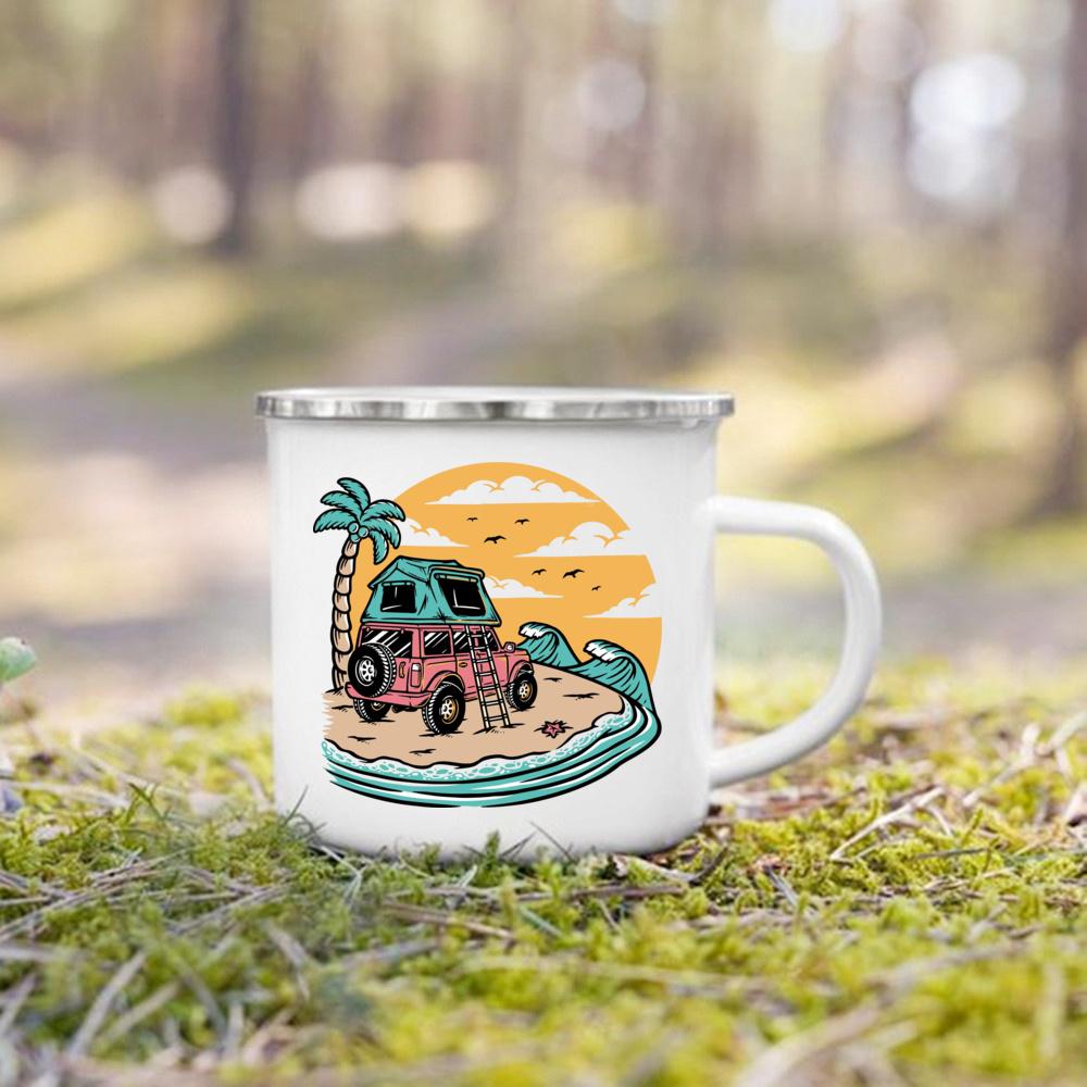 And So The Adventure Begind Printed Mug Campfire Party Beer Coffee Mugs Camping Enamel Cup Mountain Handle Cups Gifts for Camper