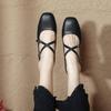Retro Medium Thick Heel Women's Shoes Lightweight Mary Jane Shoes Cross Strap Square Toe Small Leather Shoes Shallow Mouth Casual Shoes